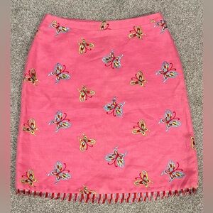 Andrew GN RARE 2003 Vibrant Pink Embroidered Butterfly Pencil Fringe Linen Skirt